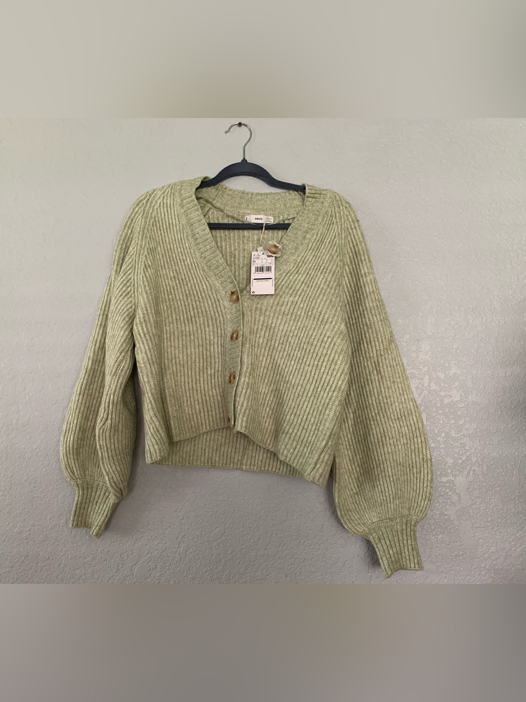 Mango Light Sage Ribbed V-Neck Button Cardigan
